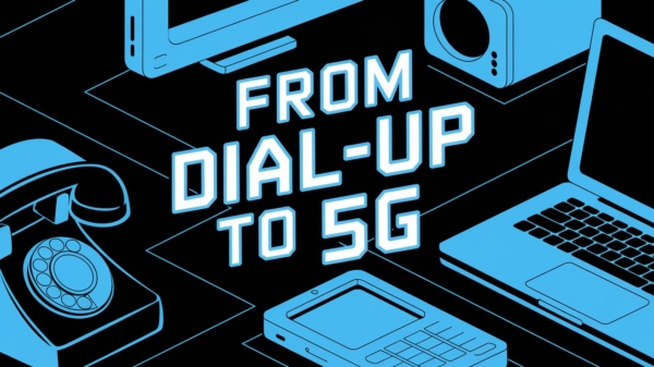 The Amazing Evolution of Internet Connectivity: From Noisy Dial-Up to Lightning-Fast Fiber illustration